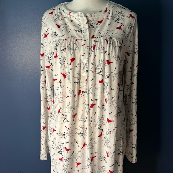 Aria long sleeve nightgown white/red/gray cardinal bird print super soft flannel - Picture 5 of 13